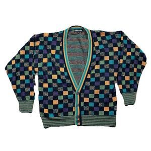 VTG Expressions International Cardigan L 80s 90s Checker Knit Multicolor